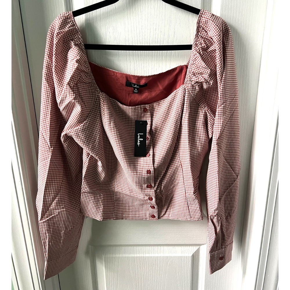 Lulus Womens Top Demure and Sweet Terracotta Gingham Long Sleeve‎ Cottagecore XL